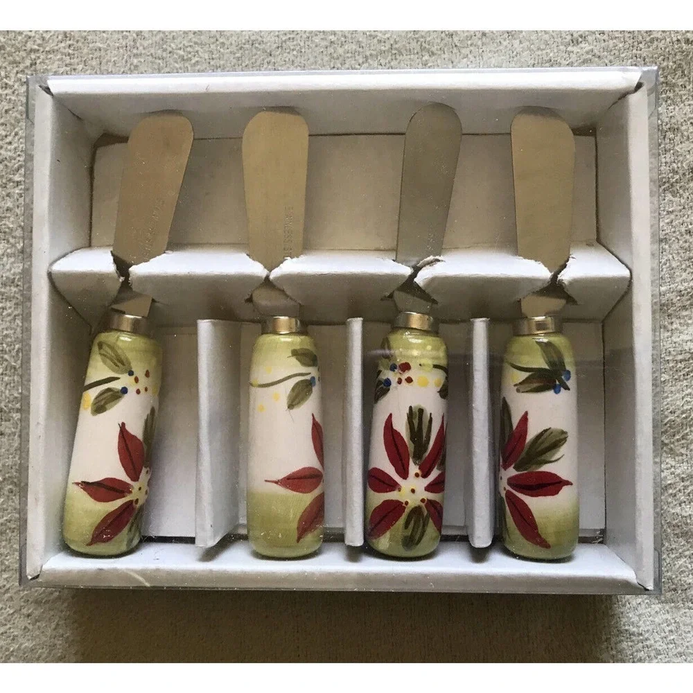 Holiday Corsica Cheese Spreader Set Poinsettia Pattern New In Box